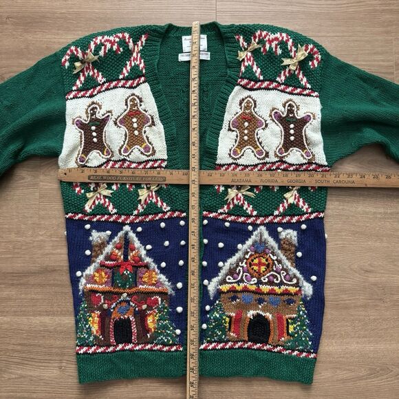 VTG 90s Marisa Christina Knit Ugly Sweater Women XL Gingerbread House Green Rare - Picture 10 of 11